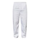 White pants with an elastic waistband, appearing in a simple studio setting. The pants are straight-legged and have no visible designs or patterns, showcasing a clean and plain style.
