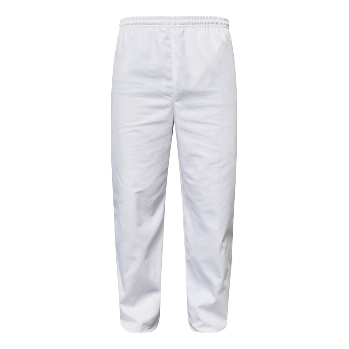 White pants with an elastic waistband, appearing in a simple studio setting. The pants are straight-legged and have no visible designs or patterns, showcasing a clean and plain style.