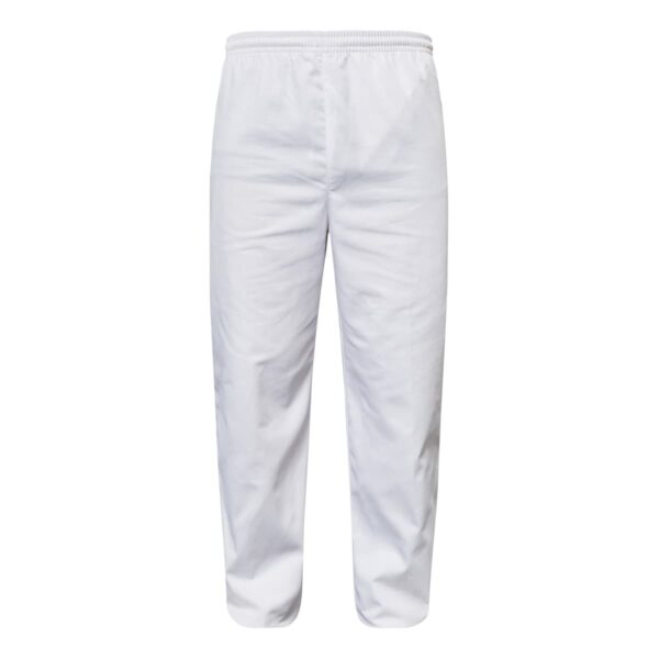 White pants with an elastic waistband, hanging straight. The fabric appears to be lightweight and smooth, suitable for casual wear. The pants have a simple design without any visible patterns or additional features.