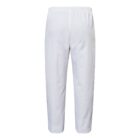 White athletic pants with an elastic waistband, shown from the back. The pants have a simple and clean design with no additional patterns or features.