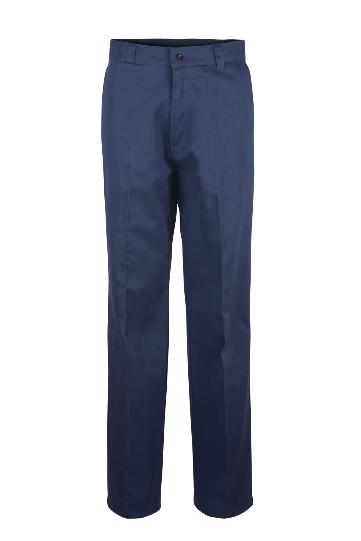 Dark blue chinos displayed against a plain white background. The pants have a classic straight-leg fit, belt loops, a button, and a zip closure.