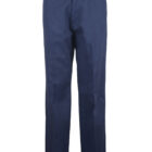 Blue dress pants with a straight-leg cut, a button closure, and belt loops are displayed against a white background.