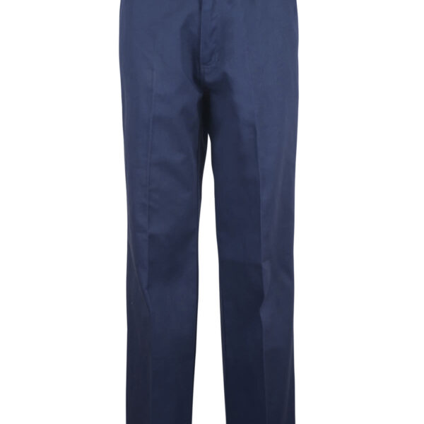 Blue dress pants with a straight-leg cut, a button closure, and belt loops are displayed against a white background.