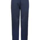 A pair of navy blue trousers with a straight-leg design, shown from the back. The trousers feature two back pockets and a small yellow tag on the right pocket.