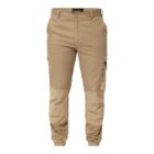 Khaki cargo pants with front buttons, side pockets, and reinforced knee patches. Tag reads WORKIT.