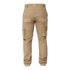 Back view of beige cargo pants featuring multiple pockets.