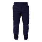 Dark navy cargo pants with reinforced knee patches, button and zip closure, side pockets, and elastic cuffs at the ankles. Pants are displayed against a white background.