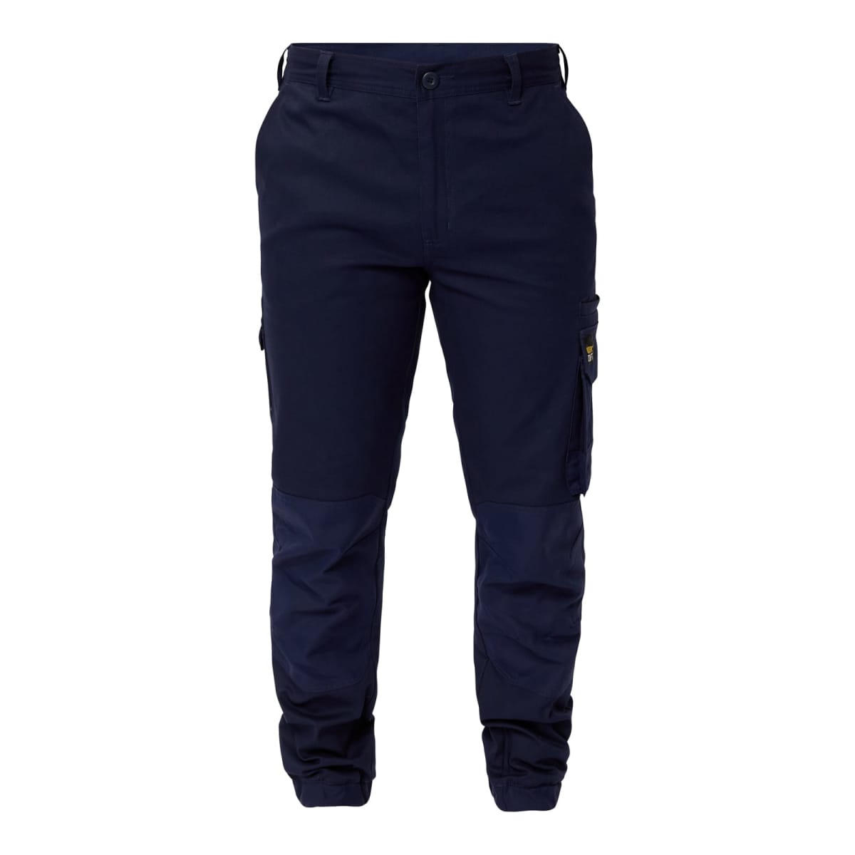 Dark navy cargo pants with reinforced knee patches, button and zip closure, side pockets, and elastic cuffs at the ankles. Pants are displayed against a white background.