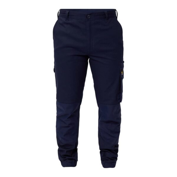 Dark navy cargo pants with button and zip closure, featuring multiple pockets including side cargo pockets, and gathered cuffs at the ankles.