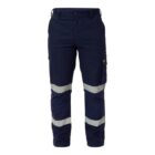 Navy blue work trousers with reflective strips around the knees and lower legs. The trousers have multiple pockets, including cargo pockets on the sides. They are designed for safety and functionality in work environments.