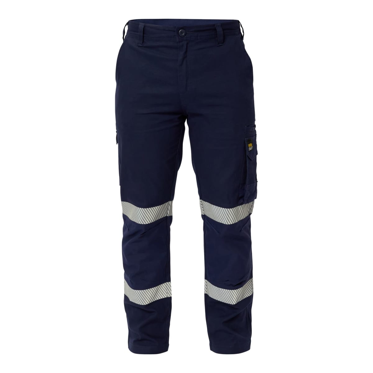 Navy blue work trousers with reflective strips around the knees and lower legs. The trousers have multiple pockets, including cargo pockets on the sides. They are designed for safety and functionality in work environments.