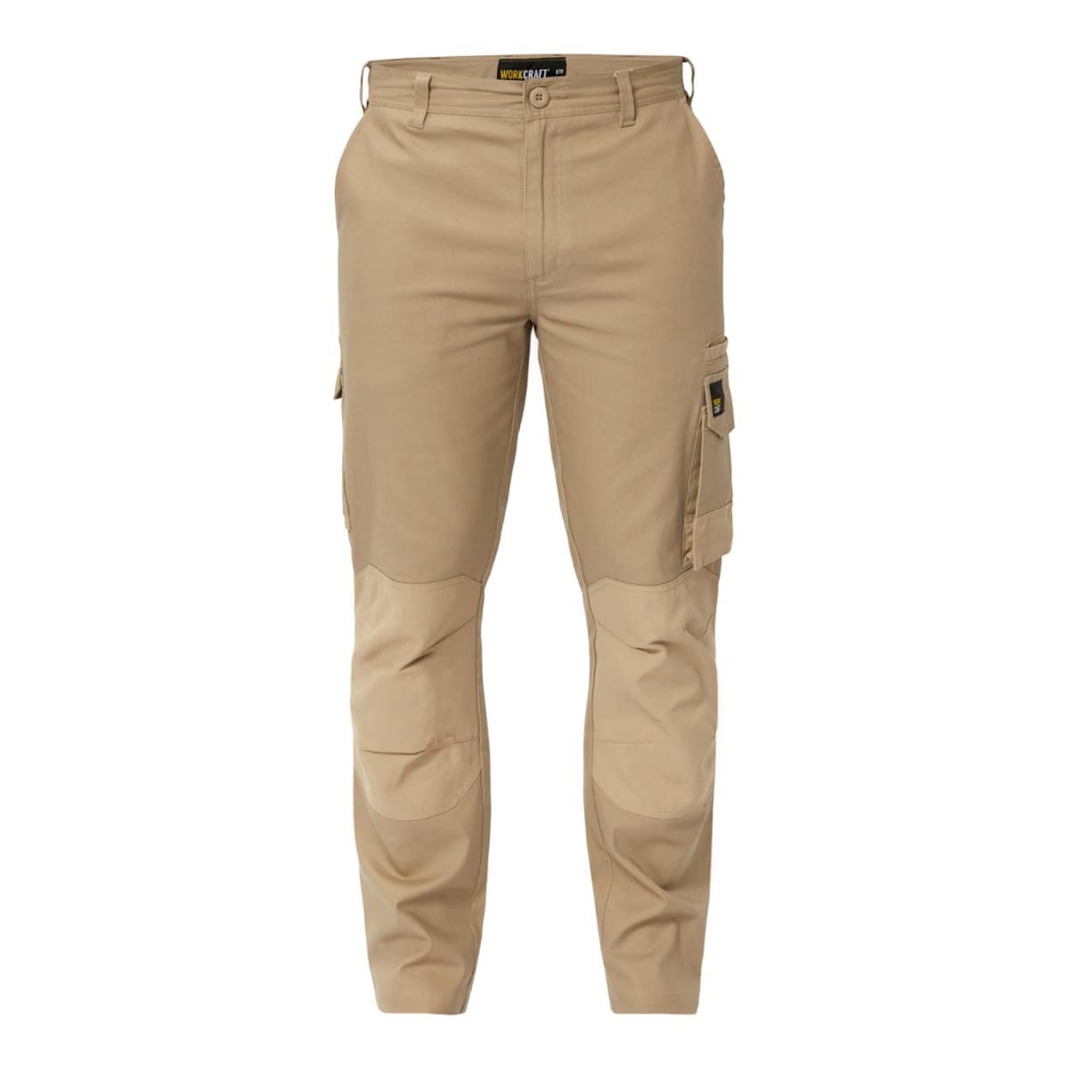 Beige cargo pants with knee patches, multiple pockets, and belt loops, displayed against a white background.