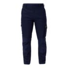 Dark blue cargo pants are displayed, featuring multiple pockets and button closure. The pants have reinforced knee areas and a straight-leg fit, suitable for functional and outdoor use.
