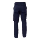 Rear view of navy blue cargo pants with multiple pockets, including two large flap pockets on the back and on the sides. The pants are straight-legged with belt loops at the waist.