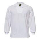 White long-sleeve cricket jersey with a collar and V-neck opening. It has a plain design with ribbed cuffs.