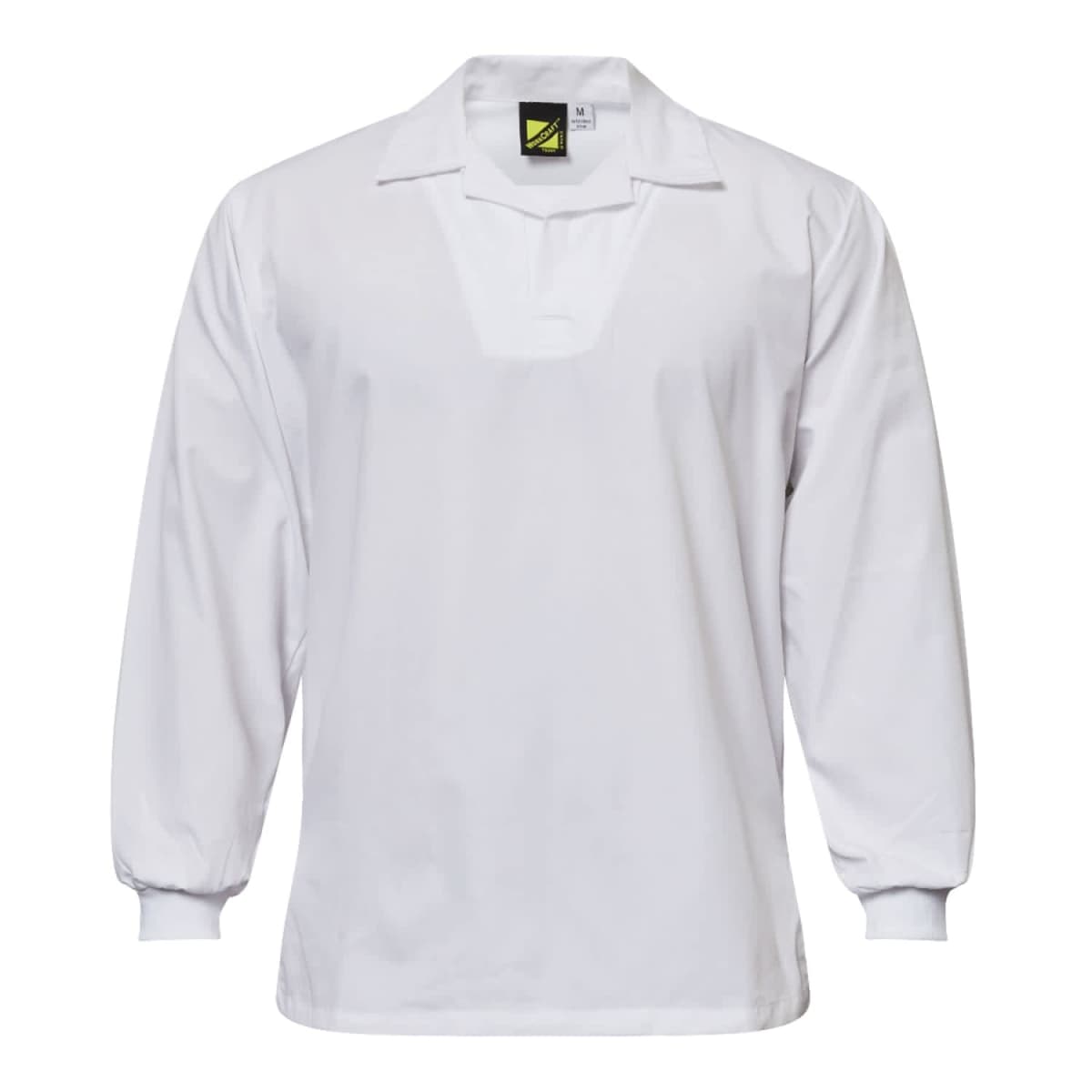 White long-sleeve cricket jersey with a collar and V-neck opening. It has a plain design with ribbed cuffs.