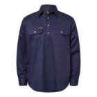 A navy blue long-sleeve work shirt with buttoned cuffs and two chest pockets, each secured with a button flap. It features a short button placket with three buttons and a collar.