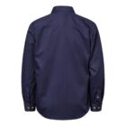 Back view of a long-sleeve, dark blue button-down shirt with buttoned cuffs. The shirt has a classic collar and a relaxed fit. The fabric appears smooth, and there is a small patch on one sleeve.