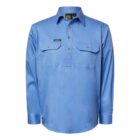 A long-sleeved blue work shirt with a collar, two chest pockets, and button details. The fabric has a durable appearance, and there are small tags on the pockets.
