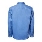 Back view of a long-sleeve blue button-up shirt. The shirt has a classic collar, buttoned cuffs, and is made of a smooth, slightly shiny fabric.