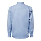 Back view of a light blue, long-sleeved button-up shirt. The shirt has a classic collar, and there are buttons on the cuffs. A small black patch is present on one sleeve near the shoulder.