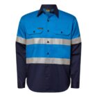 A long-sleeve work shirt with blue and navy panels. It features silver reflective stripes around the chest and sleeves, buttoned chest pockets, and a button-up front.