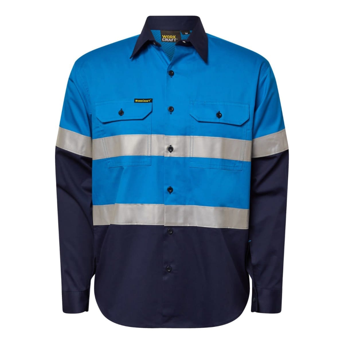 A long-sleeve work shirt with blue and navy panels. It features silver reflective stripes around the chest and sleeves, buttoned chest pockets, and a button-up front.
