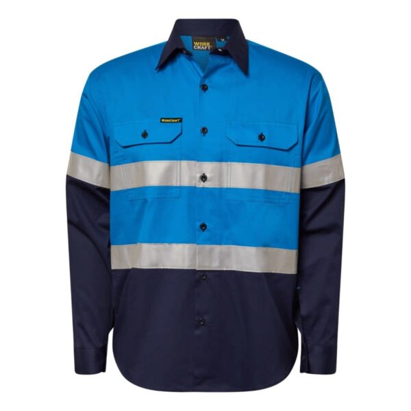 A blue and navy long-sleeve work shirt with reflective silver bands across the chest and arms. It features buttoned flap pockets on the chest and black buttons down the front.