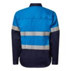 Rear view of a long-sleeve work shirt with a blue upper section and dark lower section. It features two reflective horizontal stripes on the back and sleeves, with a collar and buttoned cuffs.