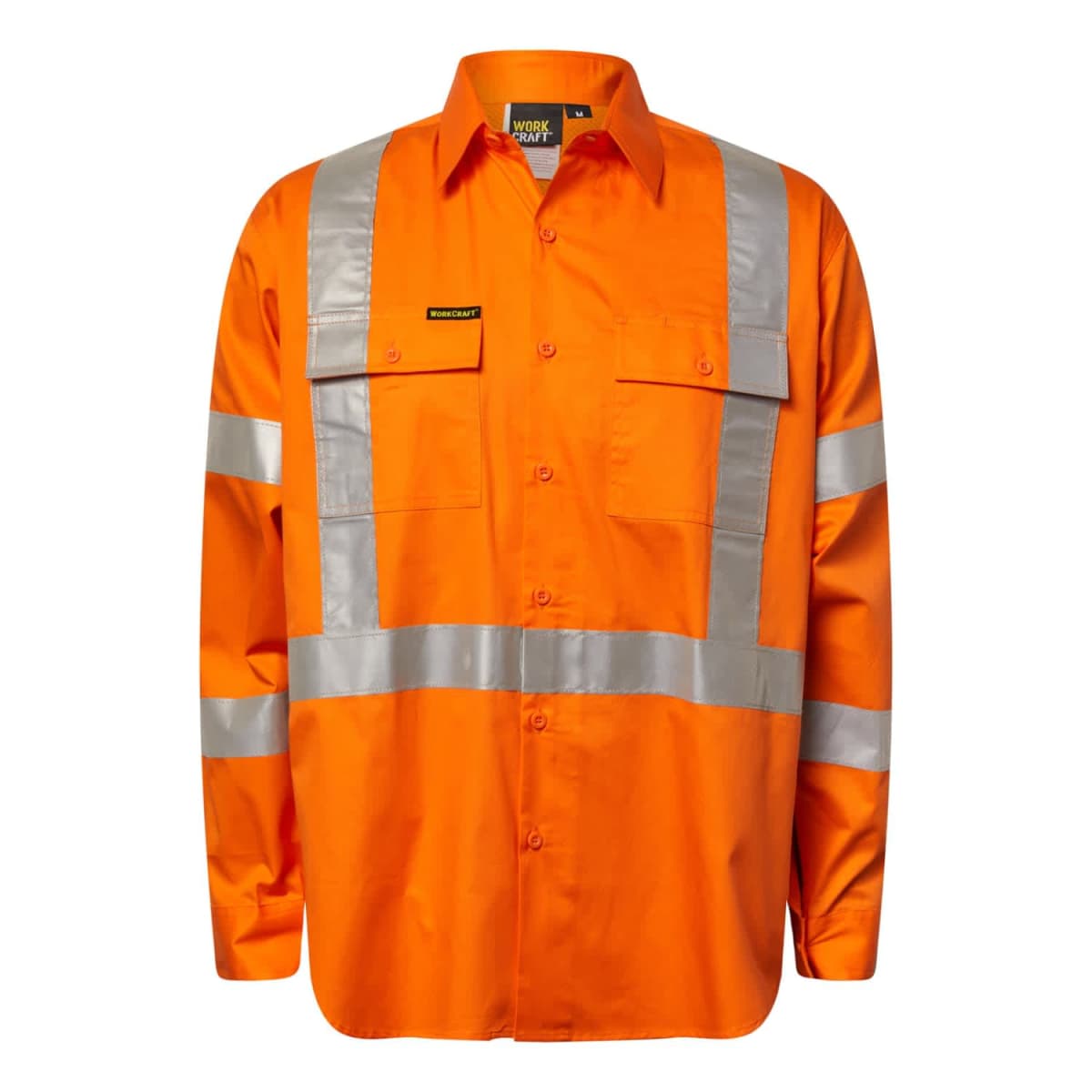 Bright orange high-visibility work shirt with silver reflective stripes on the chest, arms, and back. The shirt features two chest pockets and button closures.