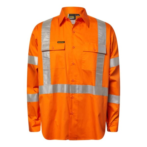 Bright orange high-visibility work shirt with silver reflective stripes across the chest, sleeves, and along the back. It features a button-up front and two chest pockets.