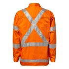 A bright orange safety jacket with reflective silver stripes forming an X and triangle on the back. Horizontal reflective stripes are on each sleeve. The jacket has a collar and long sleeves.