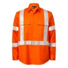 An orange high-visibility shirt with reflective white stripes across the chest, arms, and shoulders. It features a button-up front and two chest pockets, designed for safety in low-light conditions.