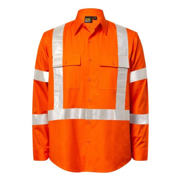Orange long-sleeve safety shirt with reflective white stripes across the chest, arms, and shoulders. Features two chest pockets with button closures.