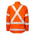 Back view of a bright orange long-sleeve safety shirt with reflective silver stripes forming an X and a triangle on the back. The shirt also features horizontal reflective bands around the arms and torso.
