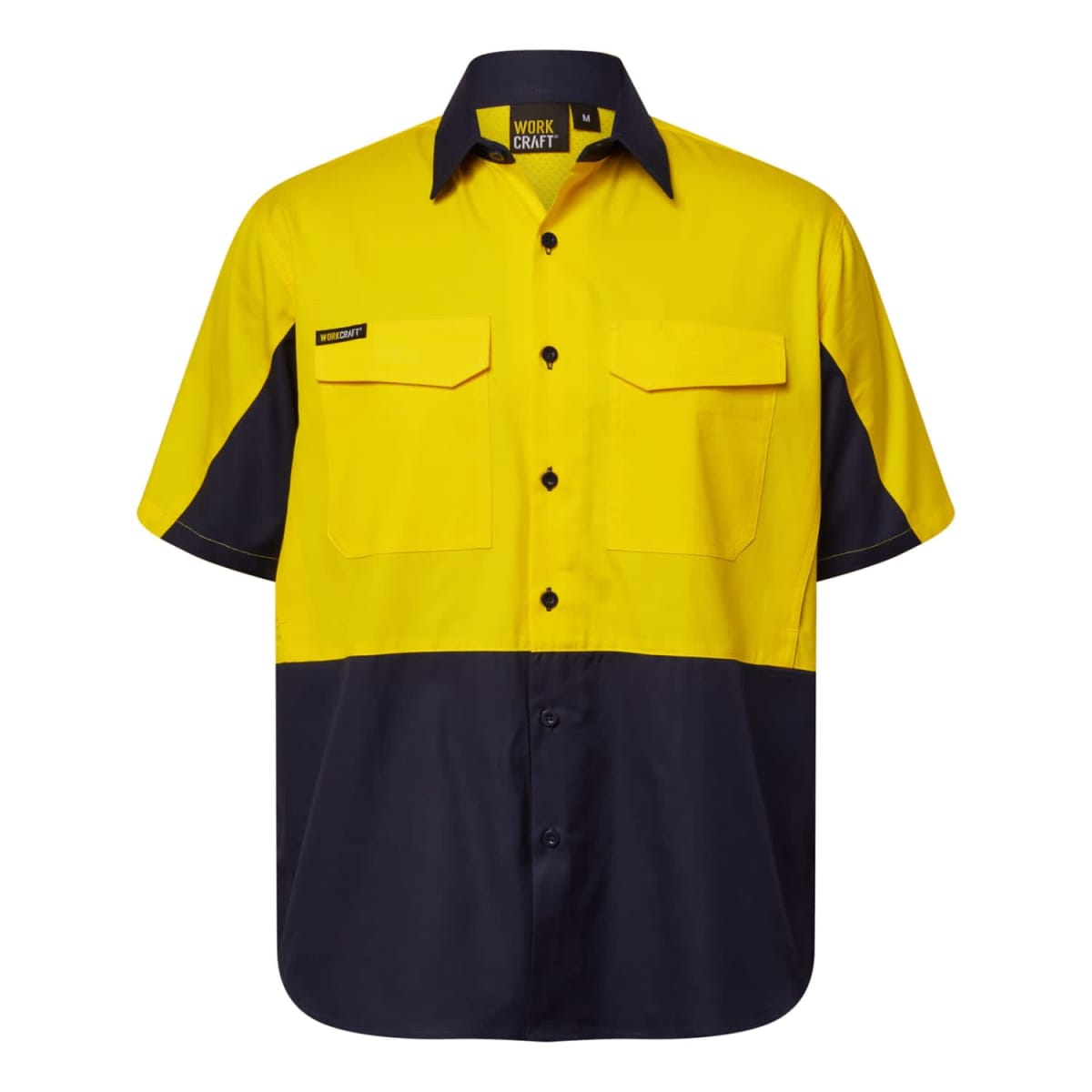 Yellow and black short-sleeve work shirt with button-down front and two chest pockets. The torso and bottom half are black, while the top half, sleeves, and collar are yellow. The label inside reads WORK CRAFT.
