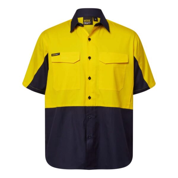 Bright yellow and black short-sleeve button-up shirt with two chest pockets. The upper part is yellow, and the lower part is black. The shirt has a small collar and black buttons, with a workwear tag inside the collar.