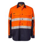 Orange and navy high-visibility work shirt with reflective stripes across the chest and arms. It has a button-up front and two chest pockets. The label reads Work Craft.