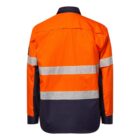 Rear view of a high-visibility work shirt with bright orange and dark navy-blue sections. It features two reflective horizontal stripes across the back and sleeves, designed for enhanced visibility in work environments.