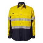 A long-sleeved, high-visibility work shirt with a yellow top and dark lower section. Features reflective bands around the chest and sleeves, buttoned front, and two chest pockets.