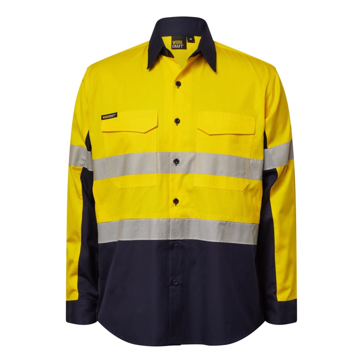A long-sleeved, high-visibility work shirt with a yellow top and dark lower section. Features reflective bands around the chest and sleeves, buttoned front, and two chest pockets.