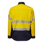 A long-sleeve high visibility work shirt with a yellow upper section and navy lower section. It features reflective silver stripes across the back and sleeves.