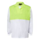 Long-sleeved polo shirt with a neon yellow top half and white bottom half. It features a wide collar and a tag displaying World Group near the neckline.