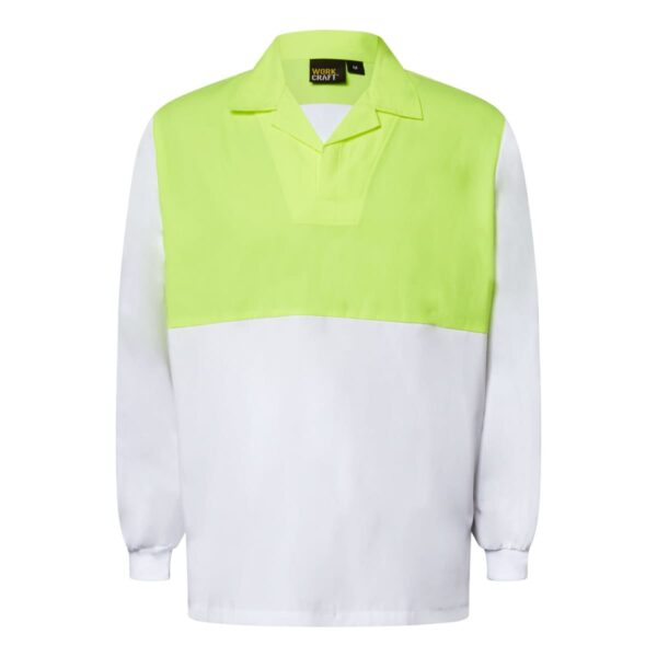 Long-sleeve shirt with a neon yellow top section and white lower section. It has a collar and a v-shaped neckline without buttons. The cuffs are fitted, and a small black label with text is visible inside the collar.