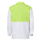 A long-sleeved jacket with a bright neon yellow upper section and white lower section. The jacket has a collar and is seen from the back.
