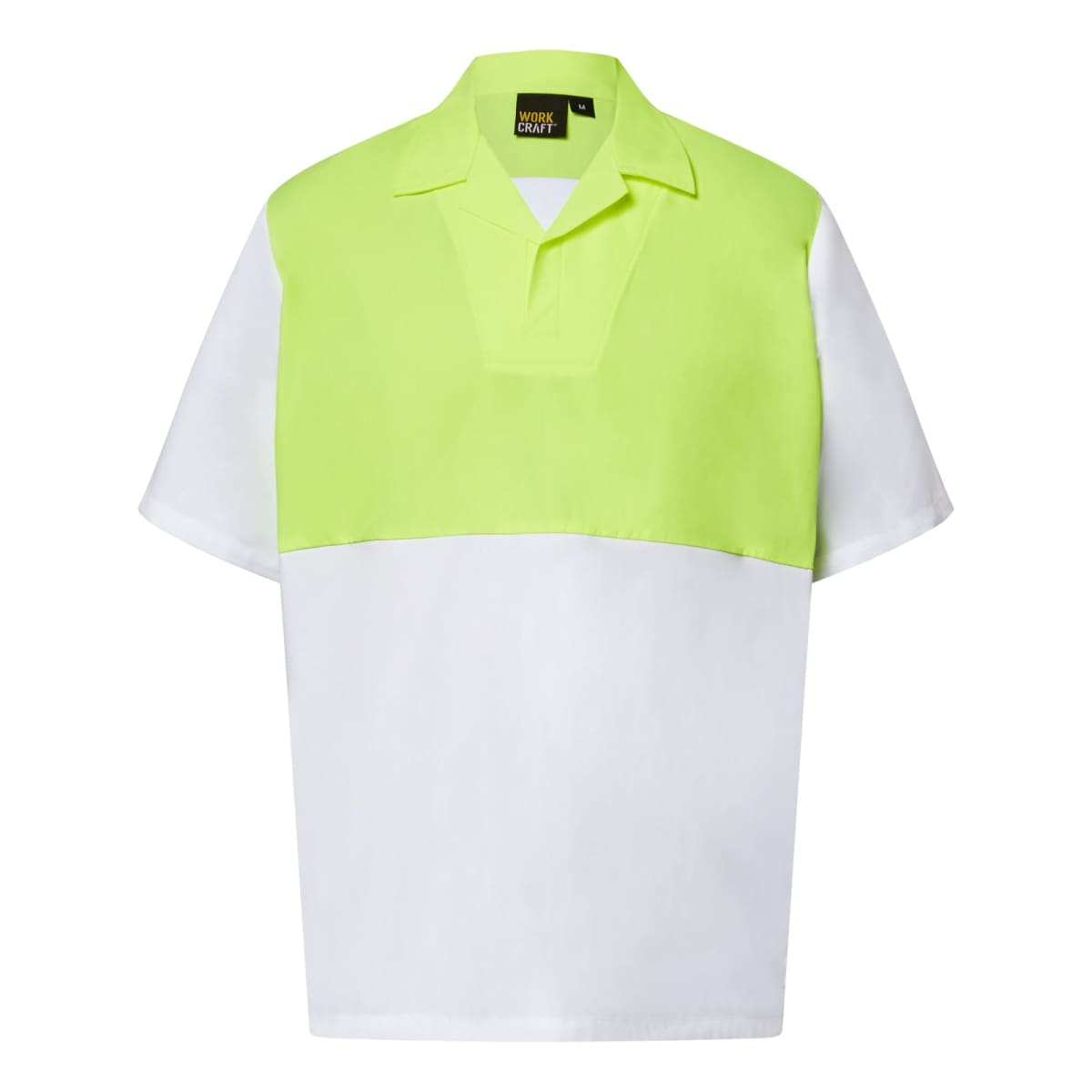 A short-sleeved polo shirt with a color-block design. The top half is bright neon yellow, while the bottom half is white. It has a collar and a woven label on the inside neck.