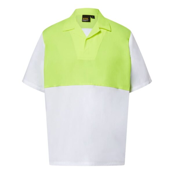 A short-sleeved polo shirt featuring a two-tone design. The top half is bright neon green, and the bottom half is white. The shirt has a collar and a tag visible at the neckline.