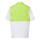 A short-sleeved shirt with a lime green top section and white bottom section, shown from the back. The shirt has a collar and a color-block design.
