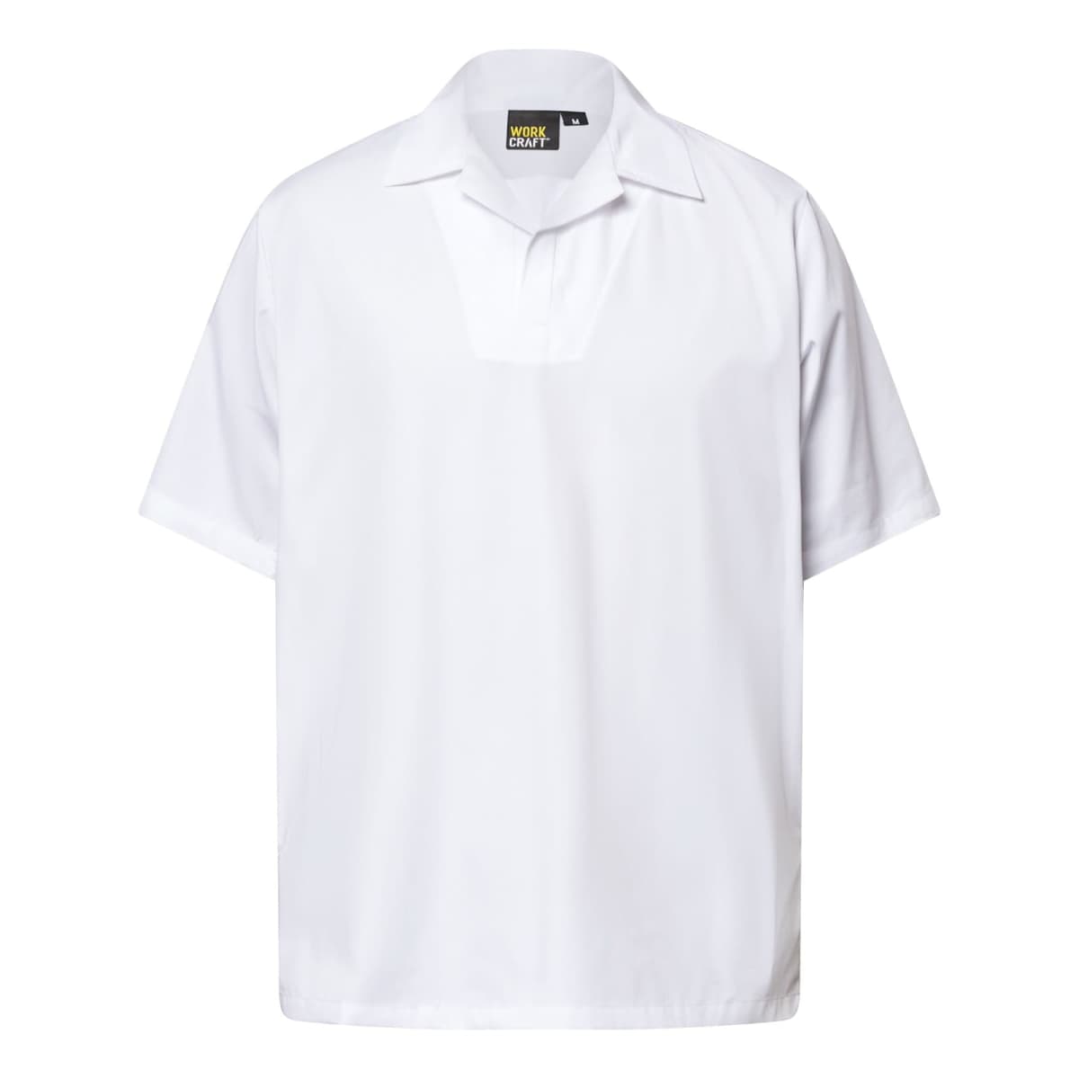 White collared short-sleeve shirt with a Work Heavy tag inside the collar. The shirt is plain with a relaxed fit, displayed against a white background.