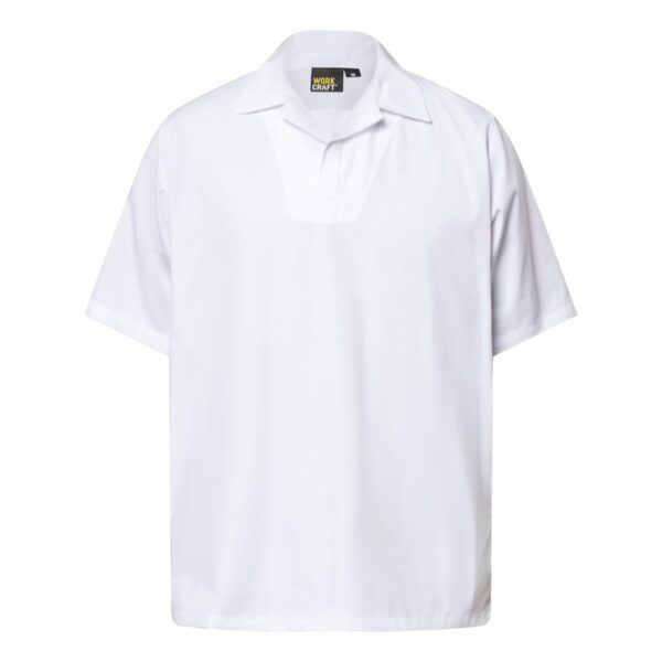 A plain white short-sleeve polo shirt is displayed against a white background. It features a collar and a small label at the collars back showing the brand and size.